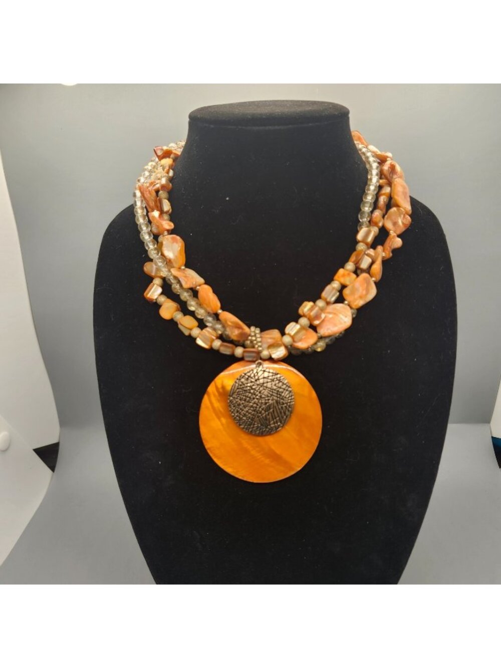 Mother of Pearl Triple Stand Necklace Large Round Orange Pendant Beaded BOHO